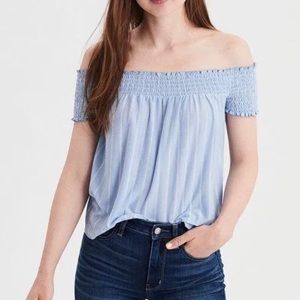 off the shoulder blue and white striped top